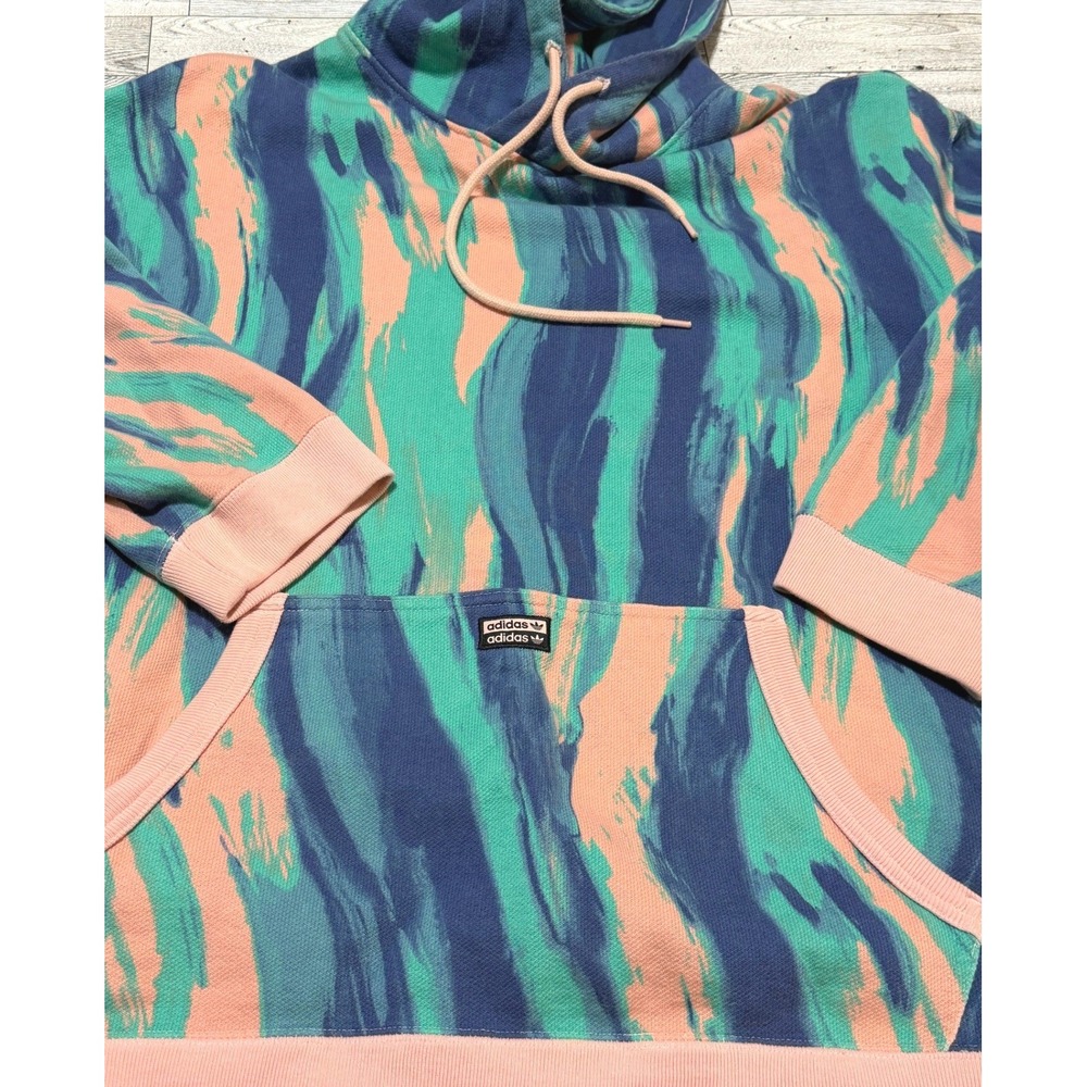 Adidas Originals Abstract Brush Print Waffle Knit Hoodie Teal Peach Blue Large